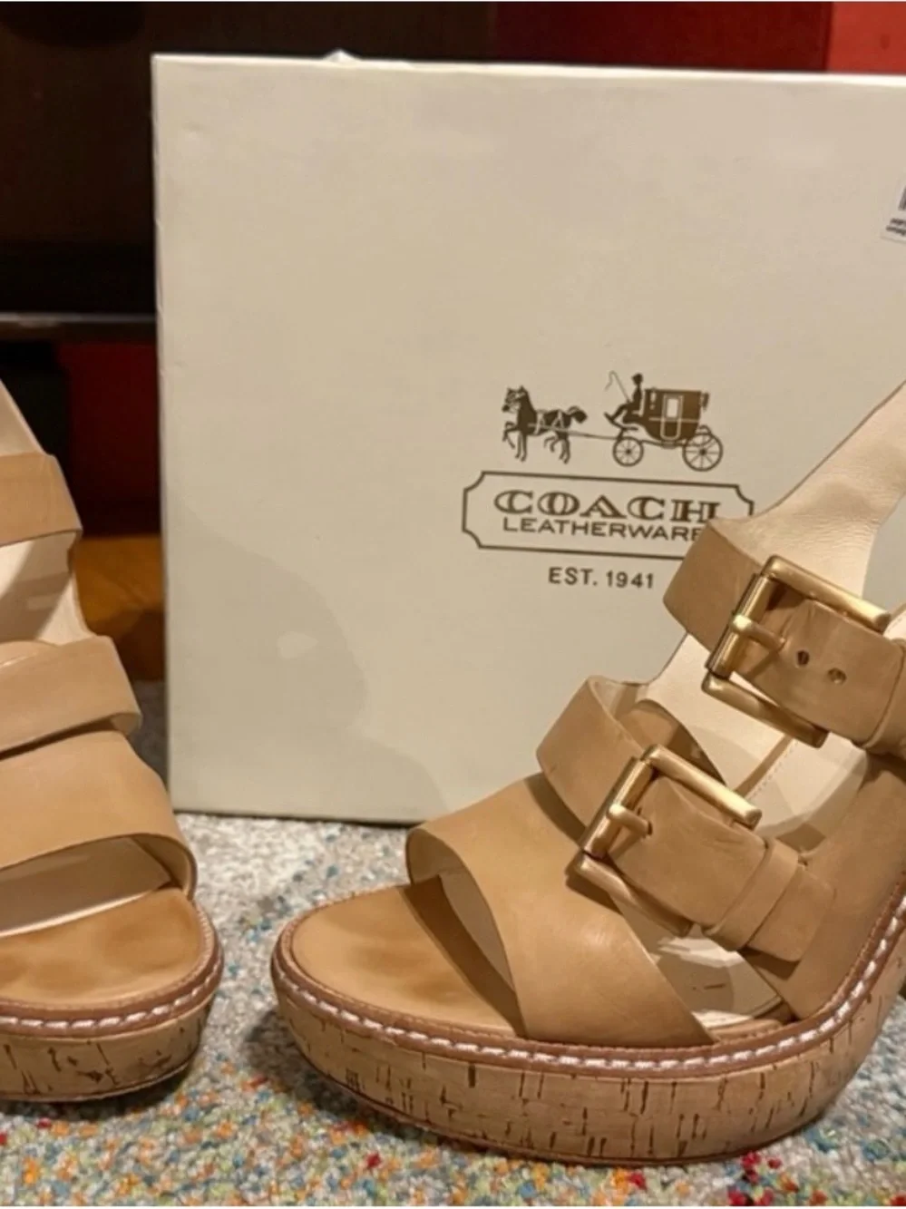 Coach Brown Genuine Leather Platform Slingback Heels / Block 4” heel